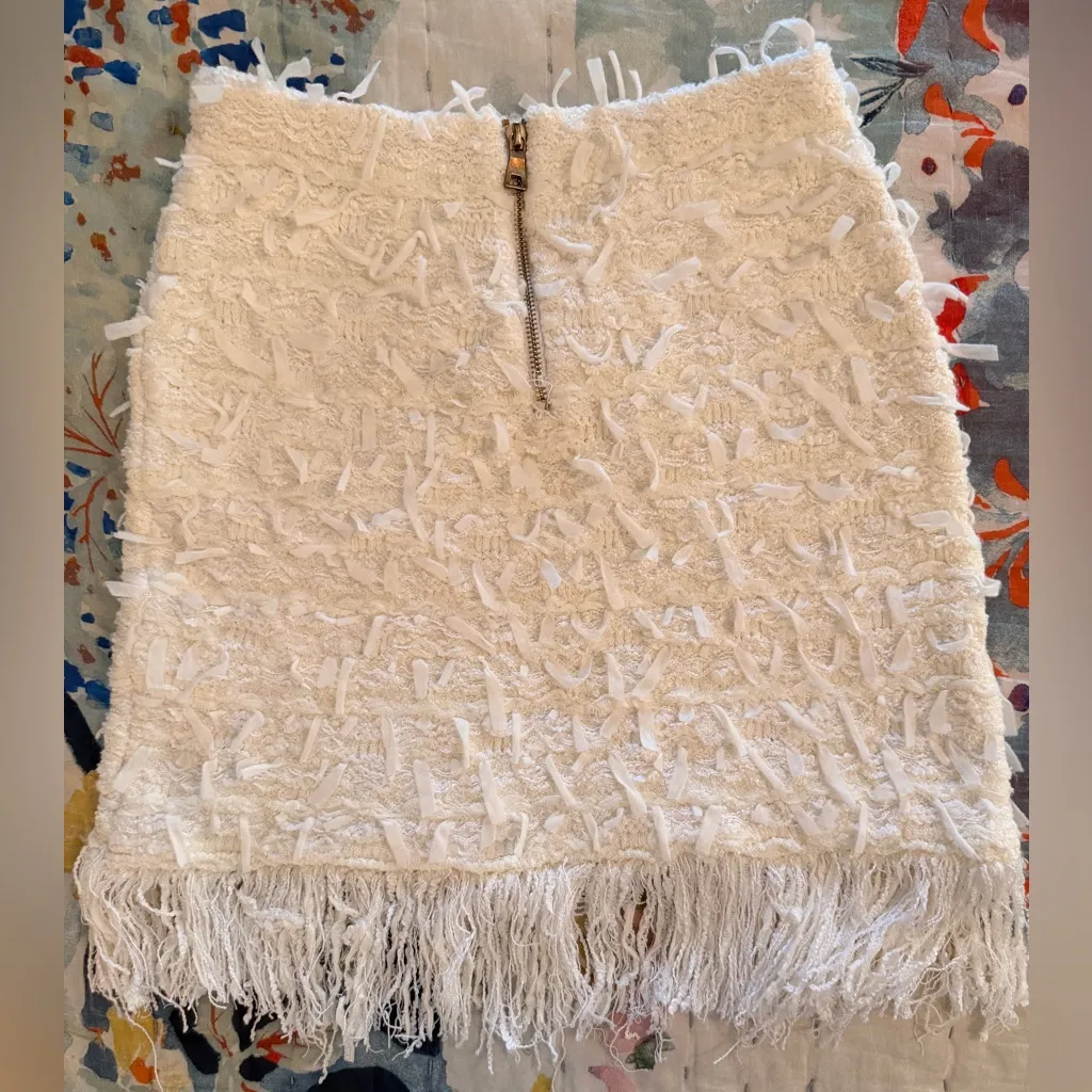 LOUISE JAMES XS Elegant Cream Top and Skirt Set Fringe Detail Tweed Gold - Image 7