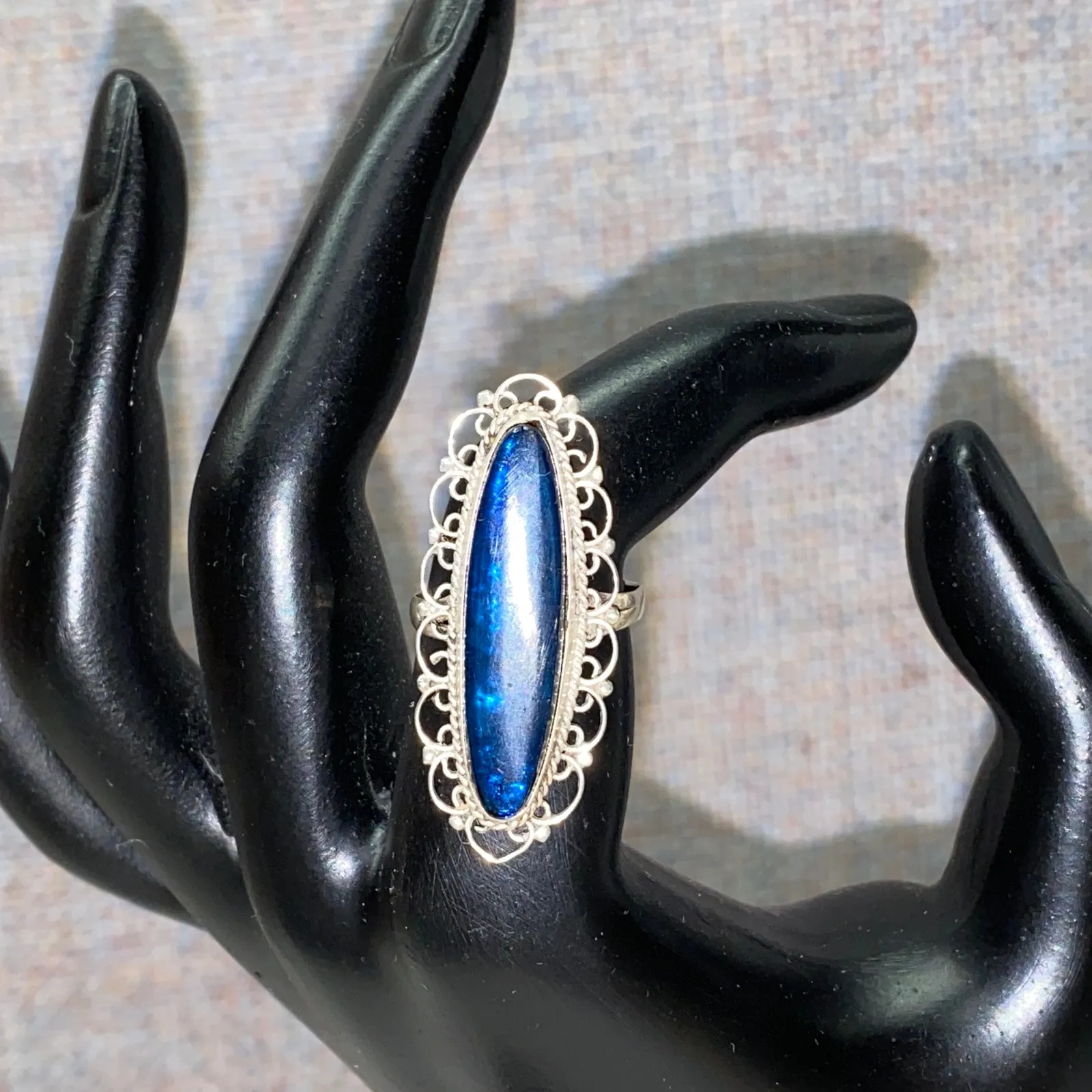 Vintage Sterling Silver Oval Blue Glass Filigree Ring Mexico 925 Old Money - Image 6