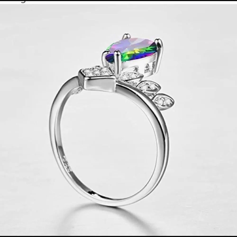 925 Sterling Silver Created Rainbow Topaz Filled Tiara Crown V Ring Size 9 - Image 3