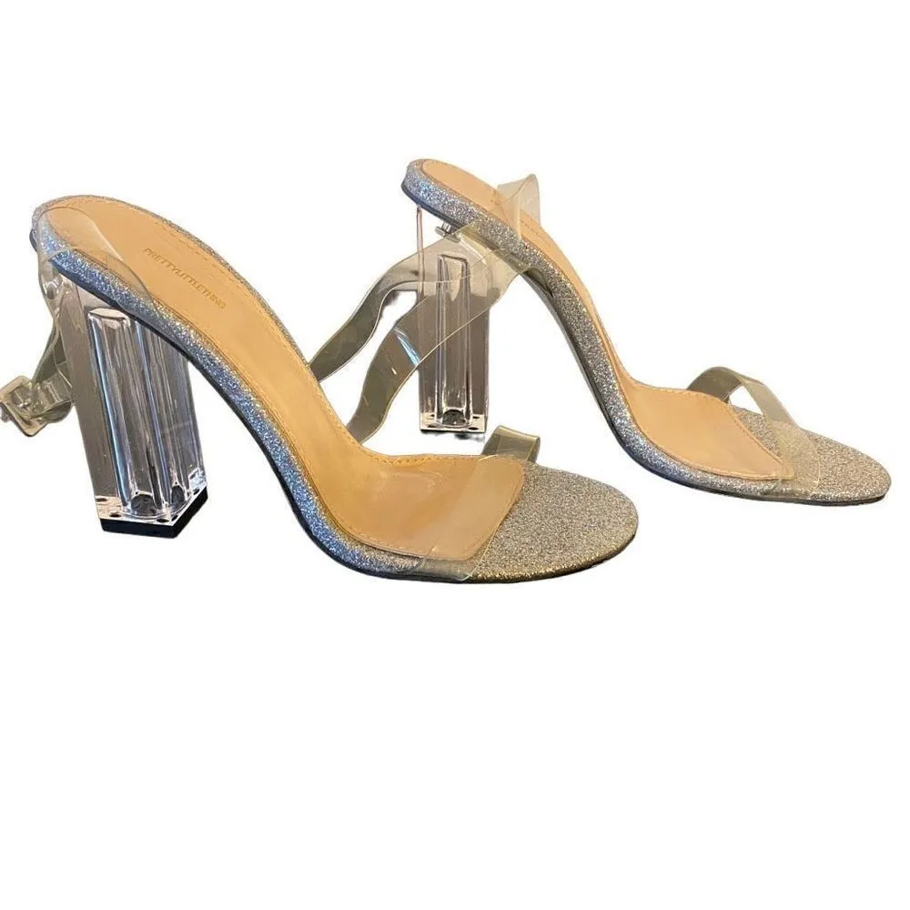 PrettyLittleThings Size 4UK = US6 Silver Clear strappy ankle High Heels - Image 3