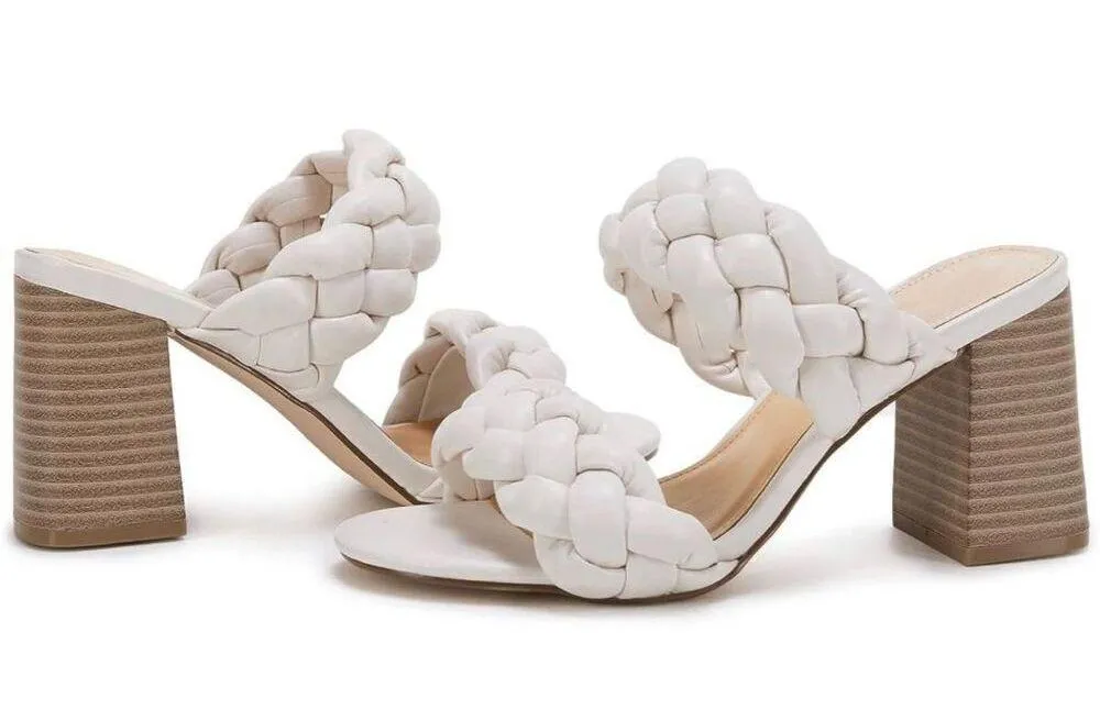 NEW Braided Heeled Sandals Open Toe Backless Chunky Heels Shoes 7 White - Image 4