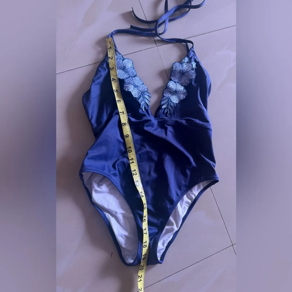 Victoria’s Secret PINK Swimsuit Floral Swim Embroidered Plunge One Piece Navy S/ - Image 6