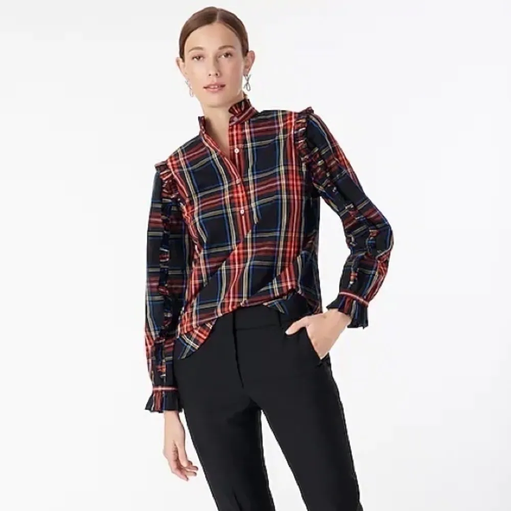 NEW J.Crew Classic Fit Ruffle Popover in Black Stewart Tartan XXS - Image 2
