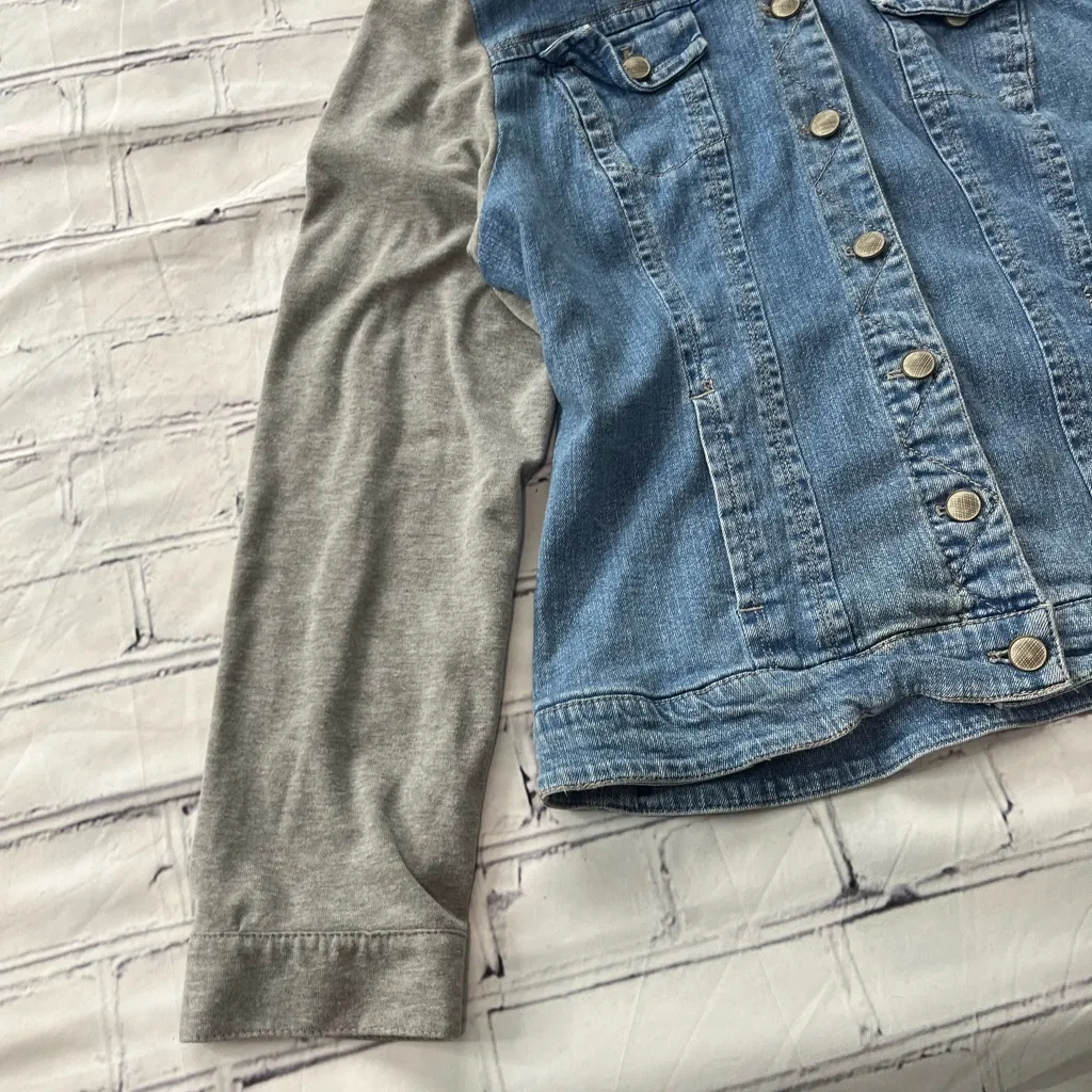 Vintage Live a Little Denim Hoodie Jean Jacket Women’s XL Gray Knit Sleeves Blue - Image 8