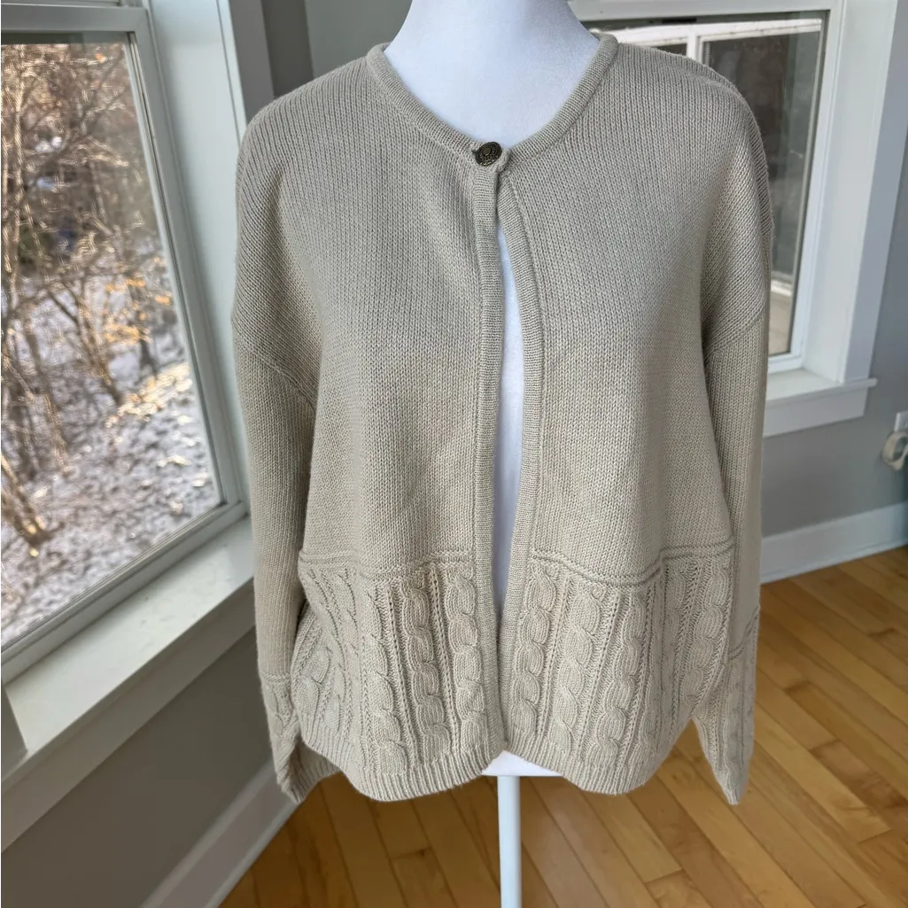 Vintage 90s Christopher & Banks Tan Taupe Cableknit Crewneck Cardigan Sweater L - Image 10