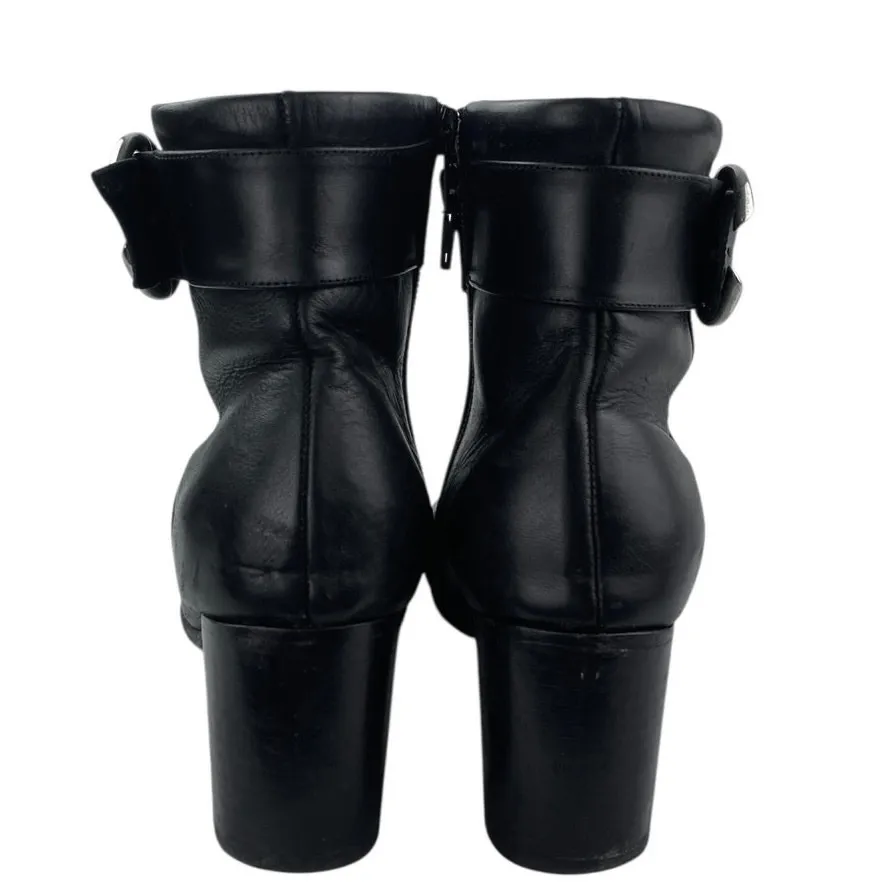 PB Women's Black Leather Almond Toe Buckle Strap Zip Chelsea Ankle Boots Size 8 - Image 3