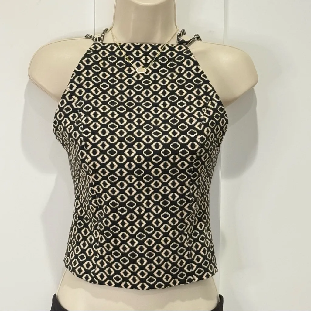 Nicholas Crop Halter Top Size 0 Lace Up Black Geometric Print Chic Party Minimal - Image 2