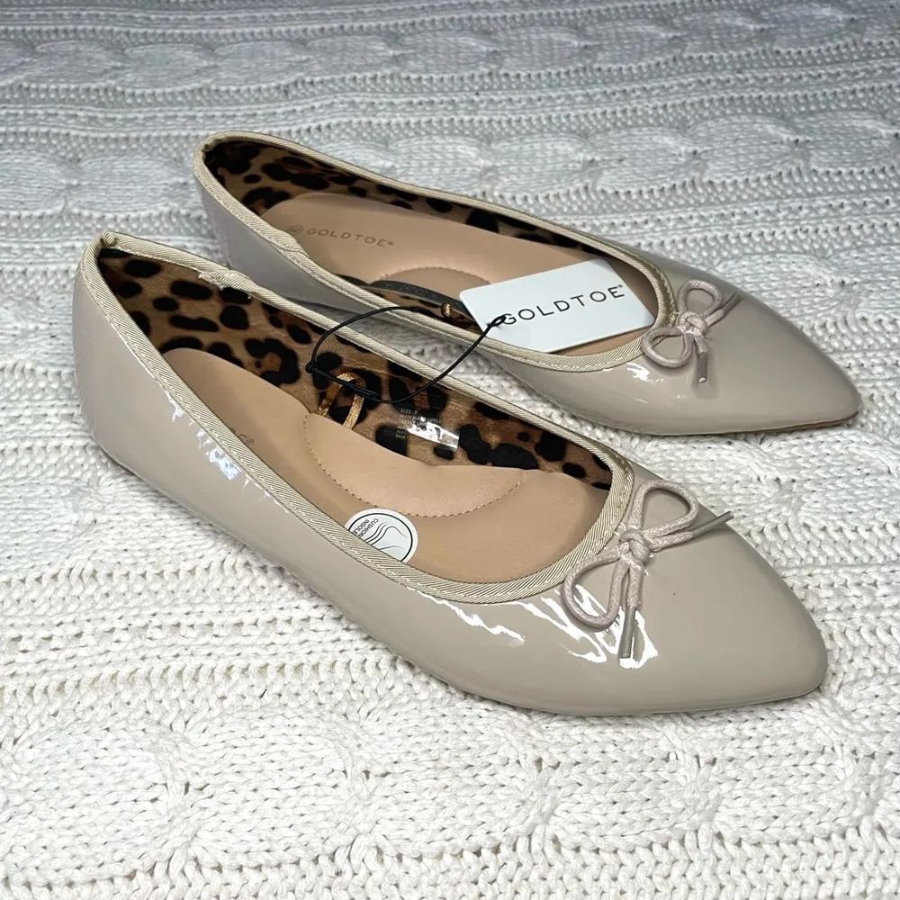Gold Toe Womens Patent Ballet Flats with Bow and Leopard Lining in Nude Size 9 - Image 3