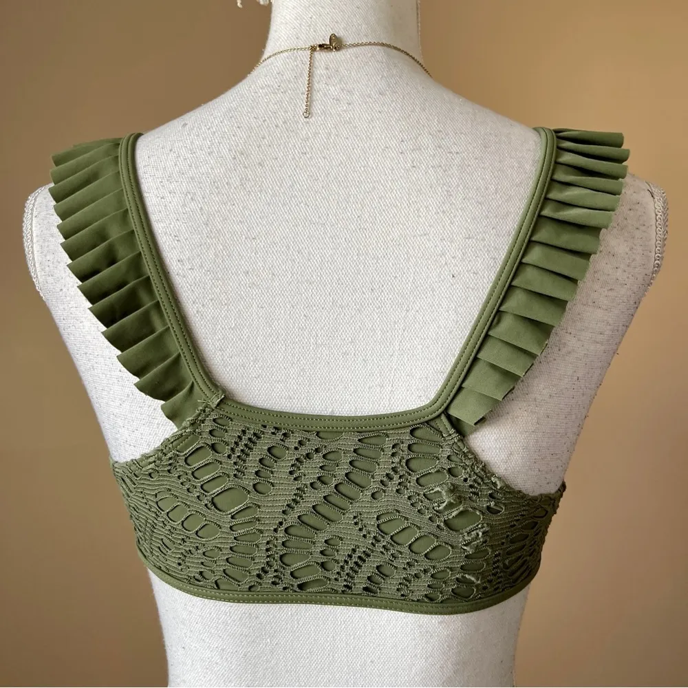 AERIE | Olive Green Lace & Ruffle Cropped Bikini Top Sz S - Image 4