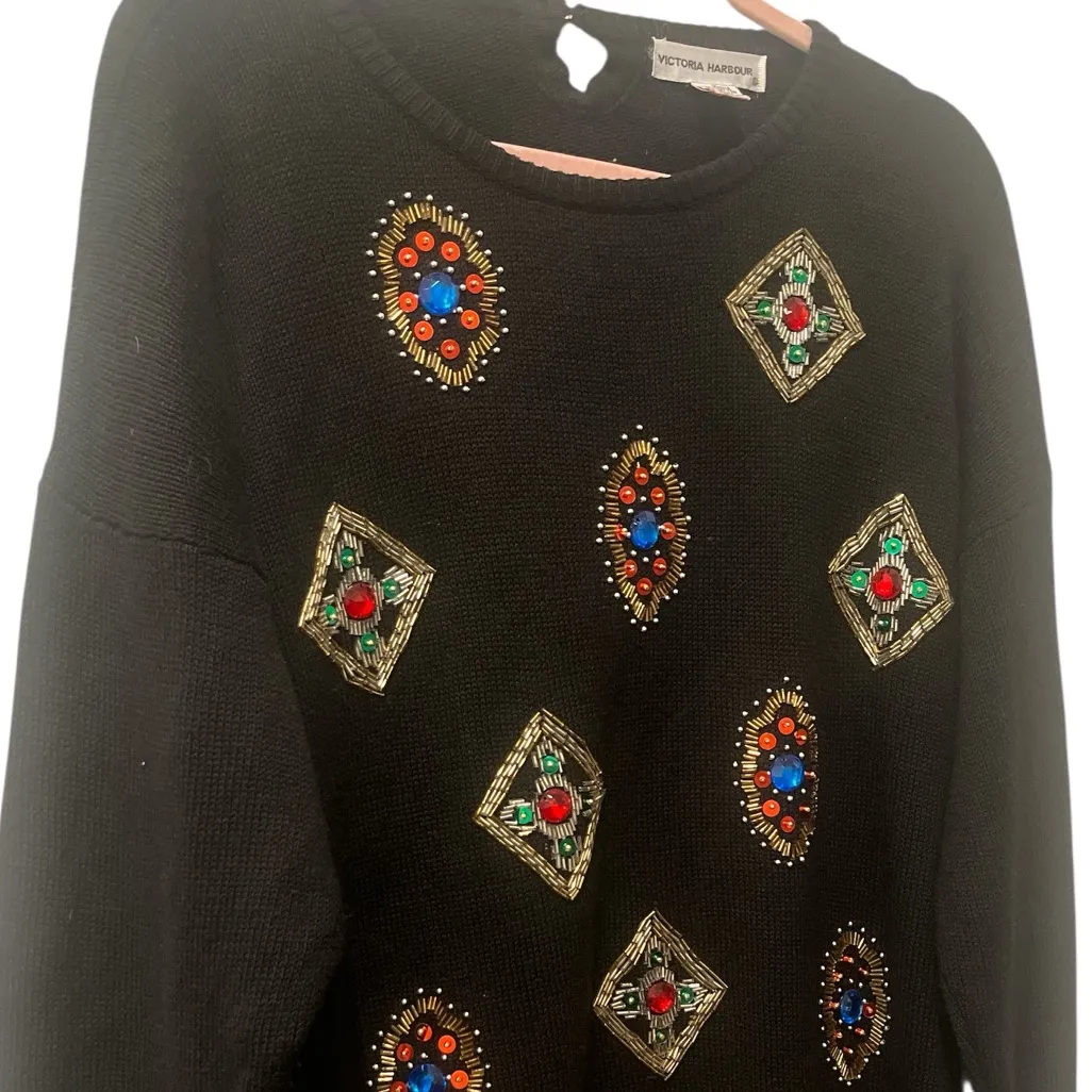 Vintage Victoria Harbour black bejeweled beaded bling tunic sweater size medium - Image 2