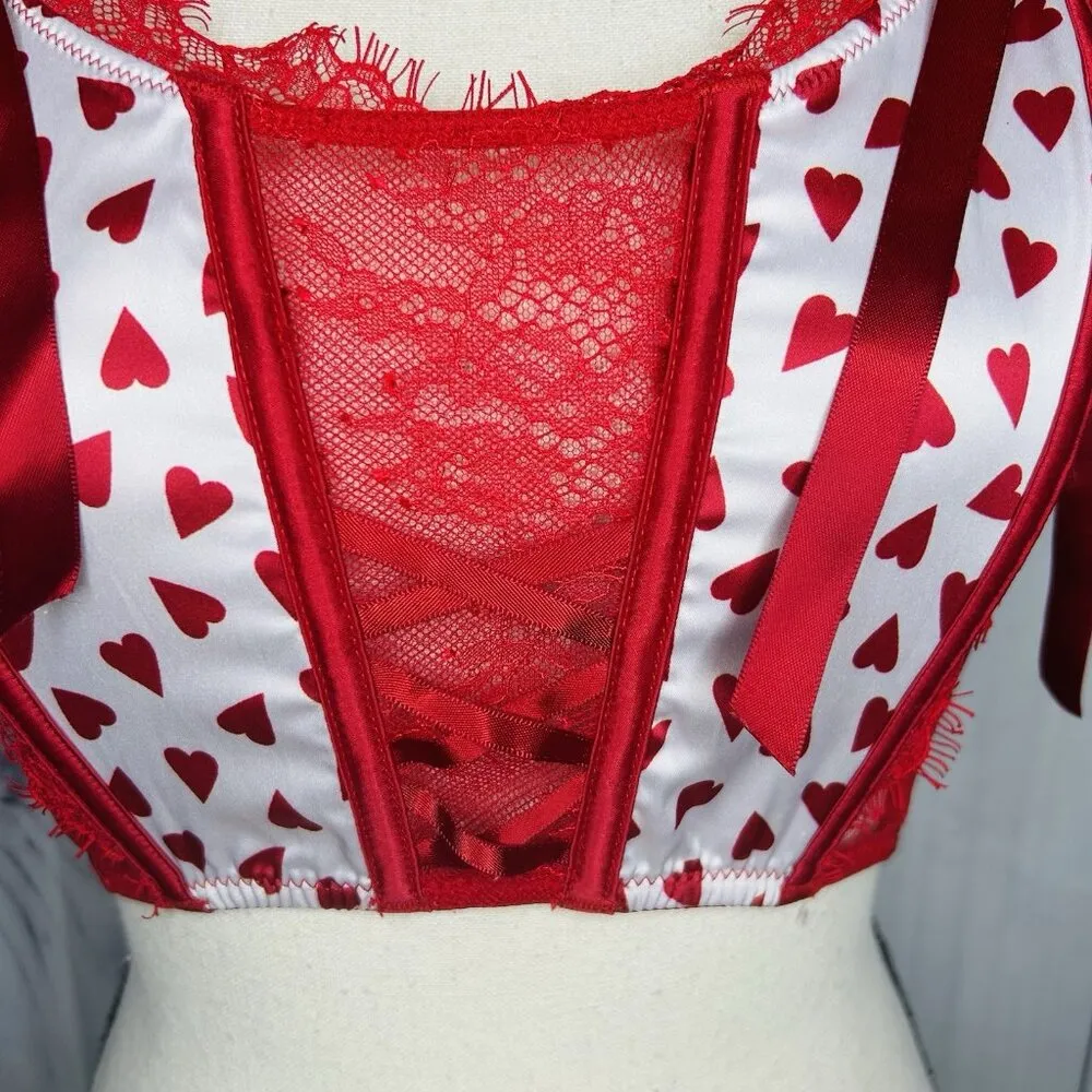 Victoria's Secret Red White Heart Lace Bustier Corset Longline Bra Size M - Image 4