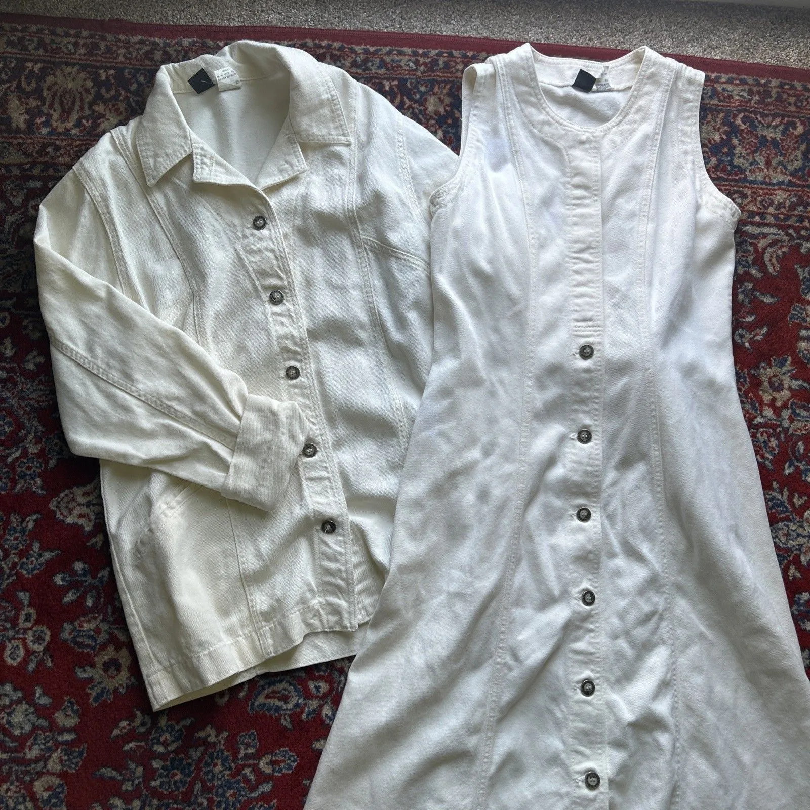 Vintage Lee Riveted Denim Jean Dress Jumper And Jacket Set Cream Union Made M/L - Image 2
