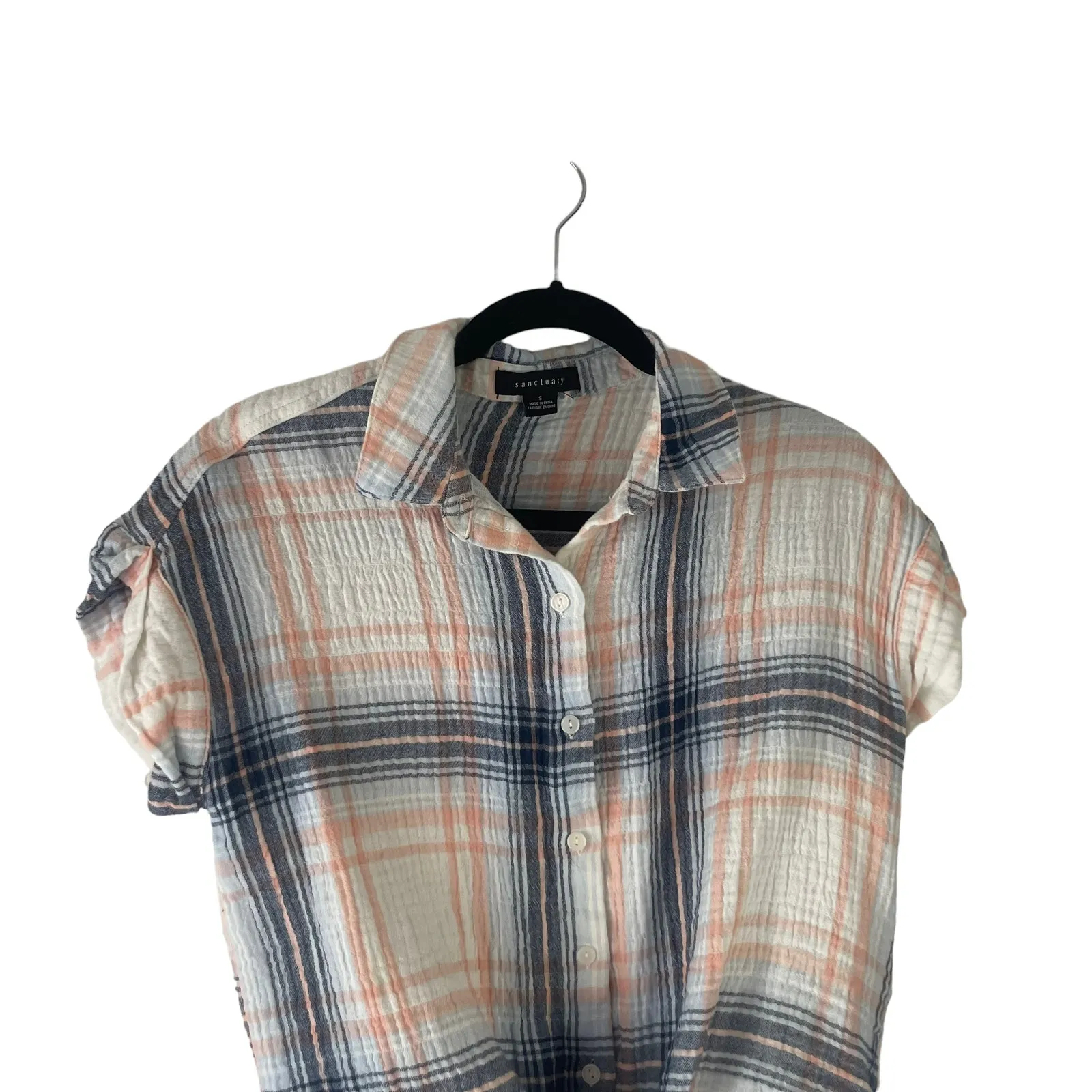 Sanctuary Women's Size Small Blue Pink Plaid Button Up‎ Gauze Short Sleeve Tie - Image 2