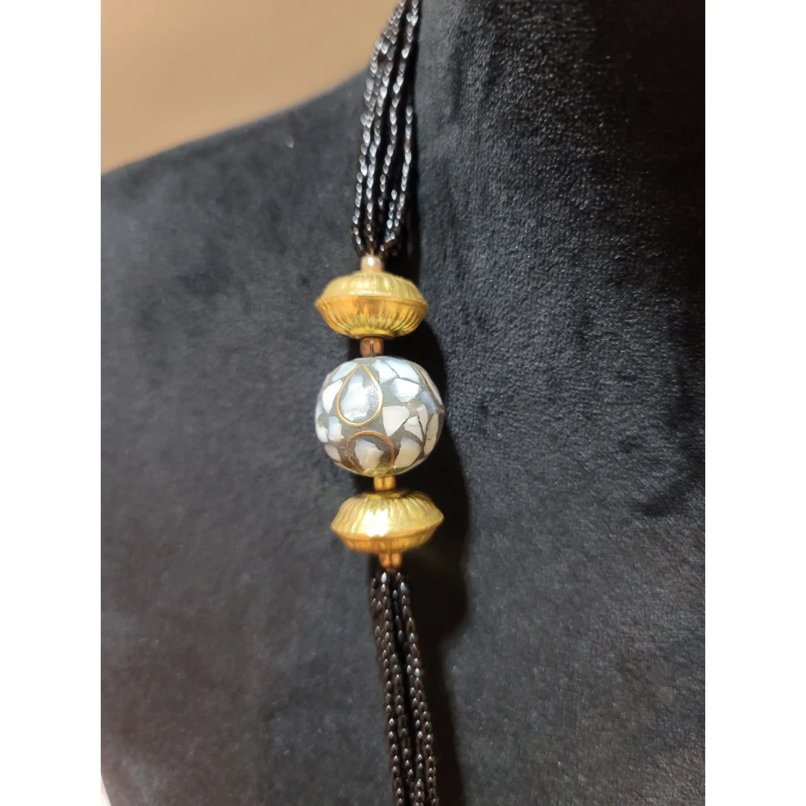 Women's Long Black Beaded Necklace With Gold Accents And Lobster Clasp Lock - Image 6