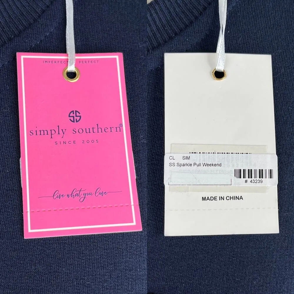 Simply Southern Weekend Sparkle Pullover Pockets Navy Pink Small New - Image 7