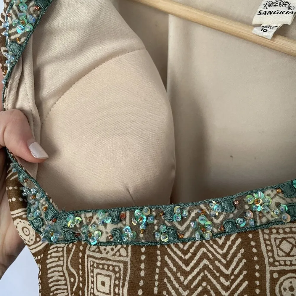 Sangria Vintage low waist Bohemian Brown Dress Beaded V-Neck Ruffled sleeve 10 - Image 9