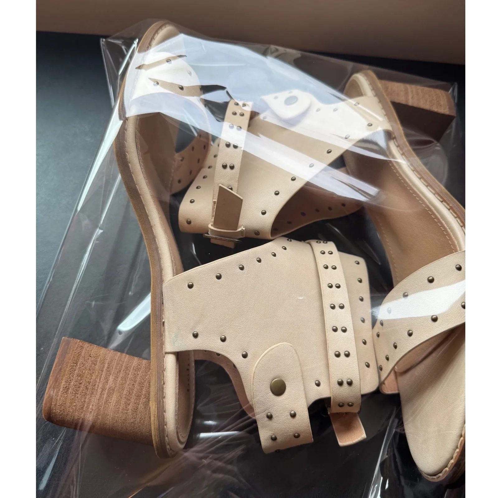BOHME sz 10 Women Cream/Tan Leather Studded Strappy Heel Sandals Bootie Open Toe - Image 13