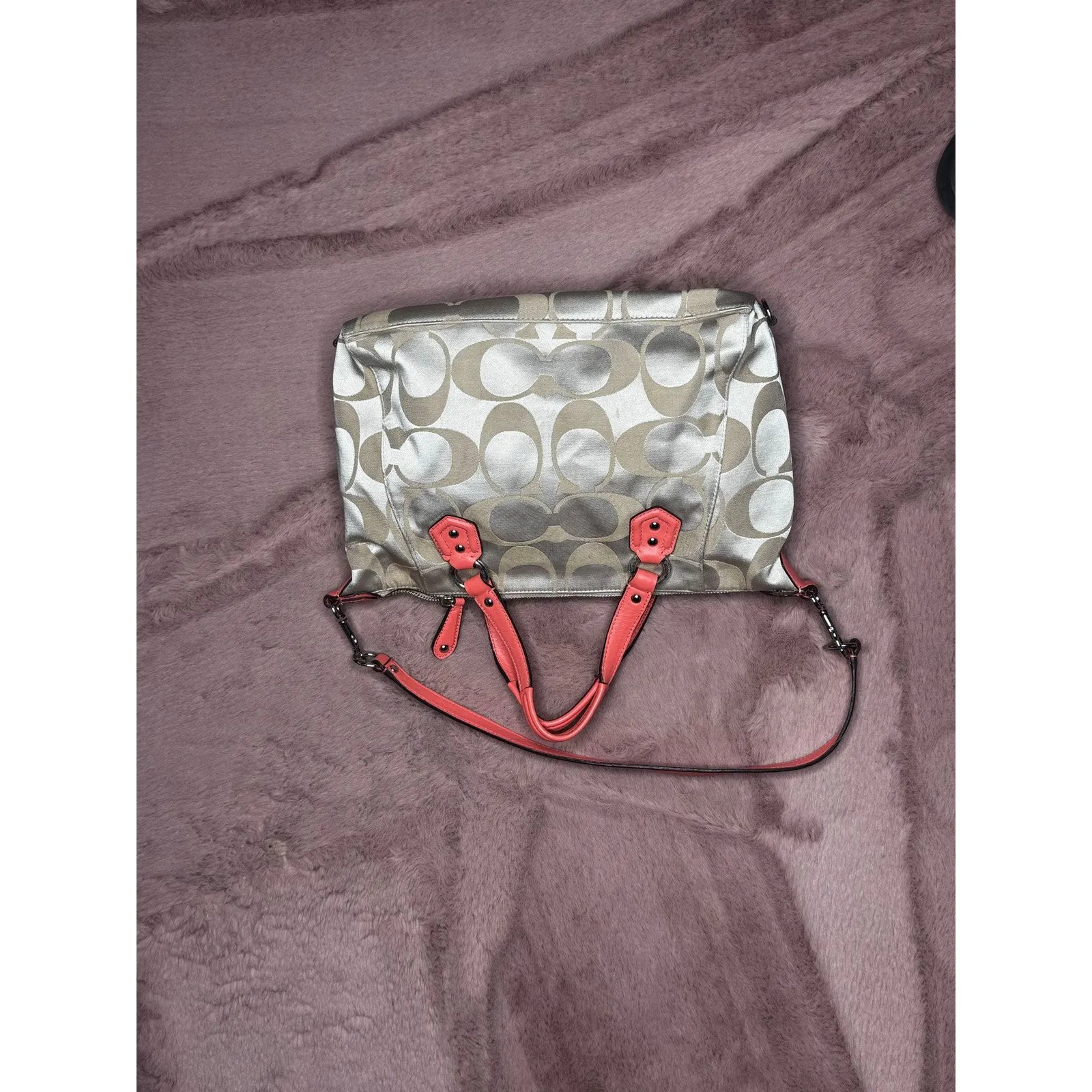 Coach Campbell Signature Belle Carryall F25294 Silver Light Khaki/Coral - Image 2