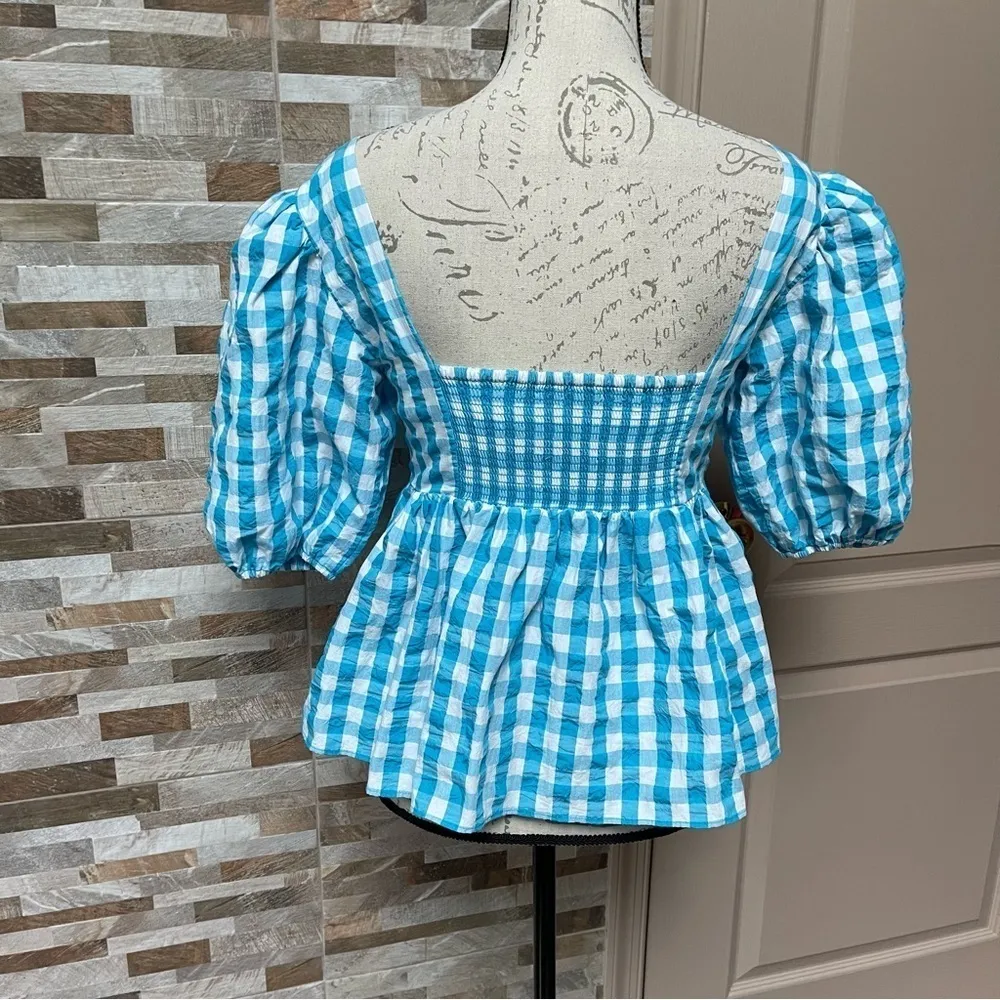 LILLY Pulitzer Sarafina Gingham Babydoll Cotton blend Top Blouse White blue  00 - Image 4