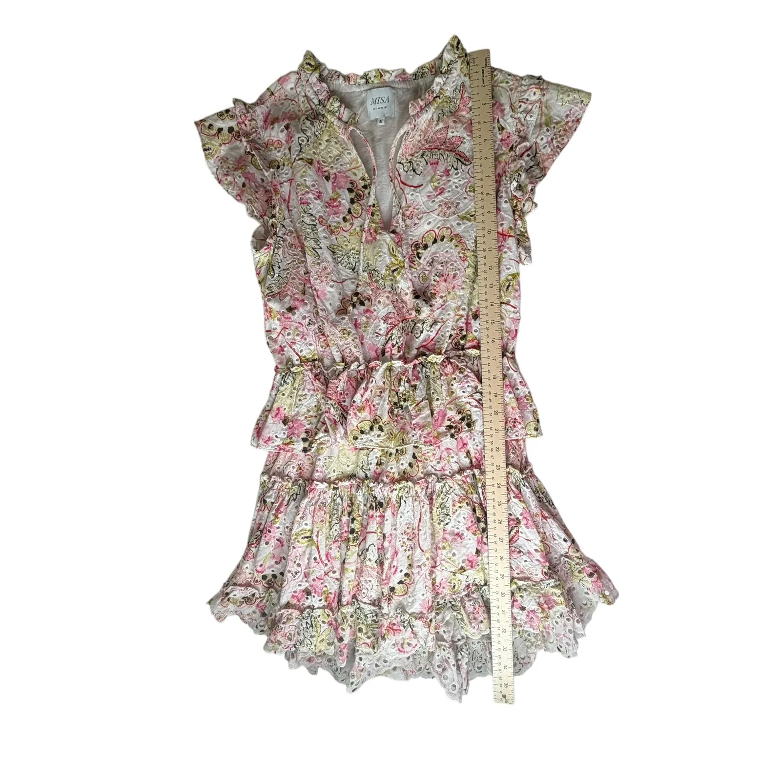 MISA Iliana Ruffled Eyelet Mini Dress Medium Pink Floral Tiered Coquette Cottage - Image 10