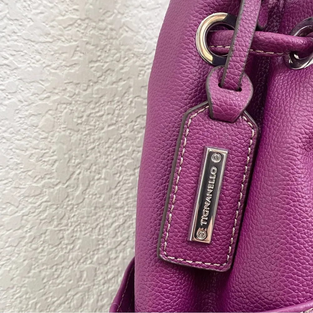 TIGNANELLO Purple Magenta Pebbled Leather Drawstring Tassel Bucket Shoulder Bag - Image 14