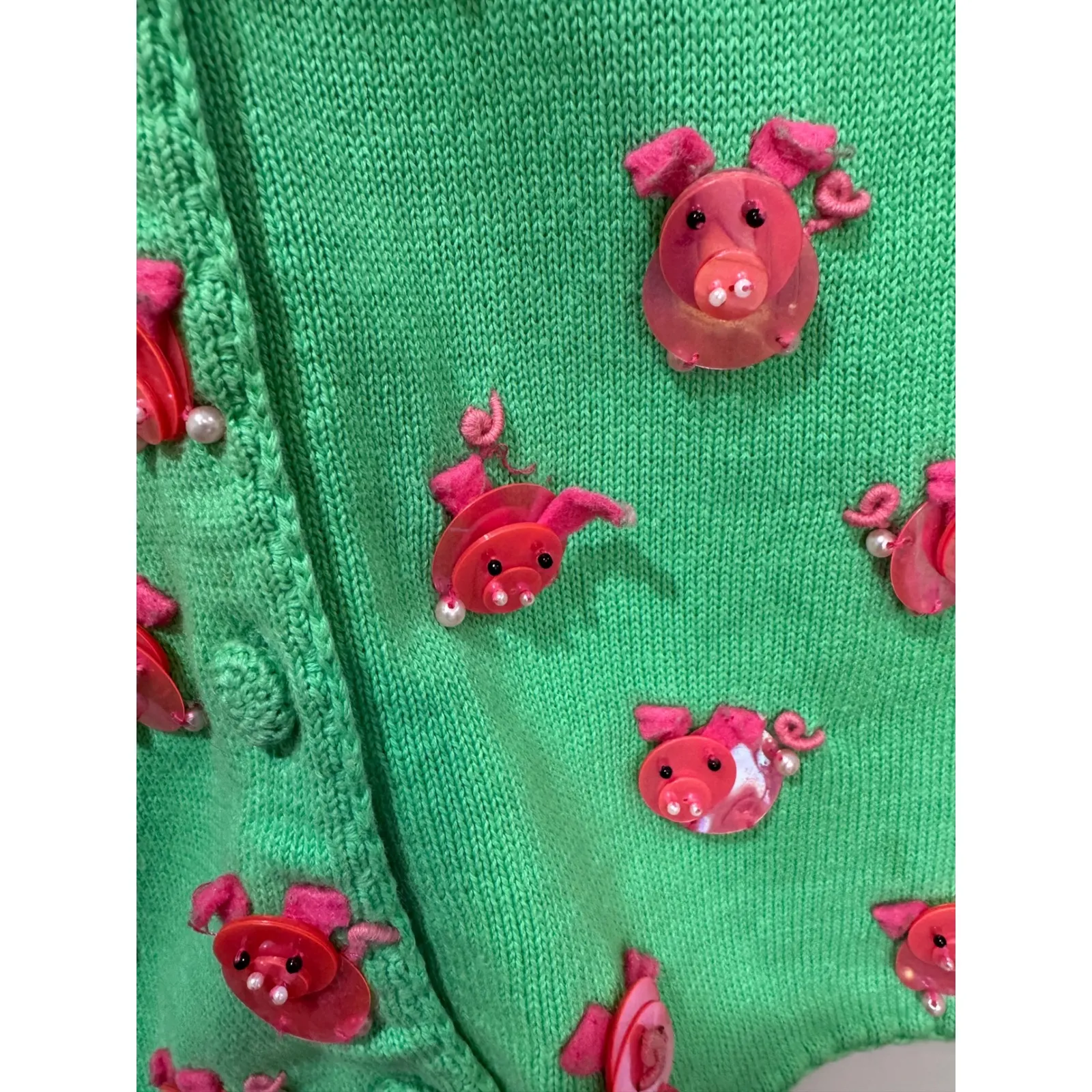 Michael Simon Pig Applique Green Cardigan Sz L Size L - Image 12