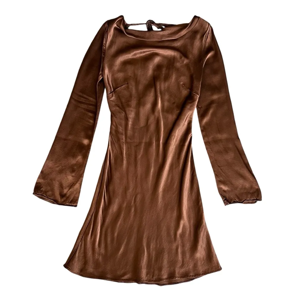 By Anthropologie Women’s Long Bell Sleeve Cowl Neck Satin Brown Mini Dress XS - Image 2