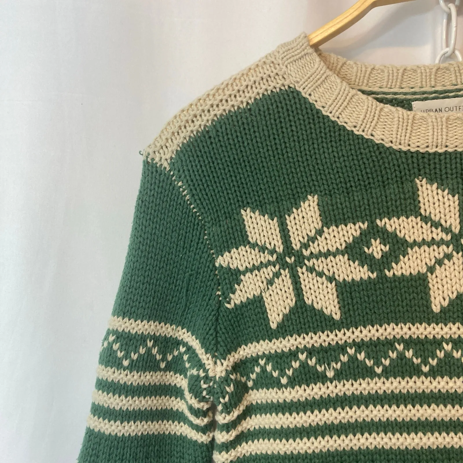 Urban Outfitters Knit Fair Isle Green White Winter Snowflakes Christmas Sweater - Image 3