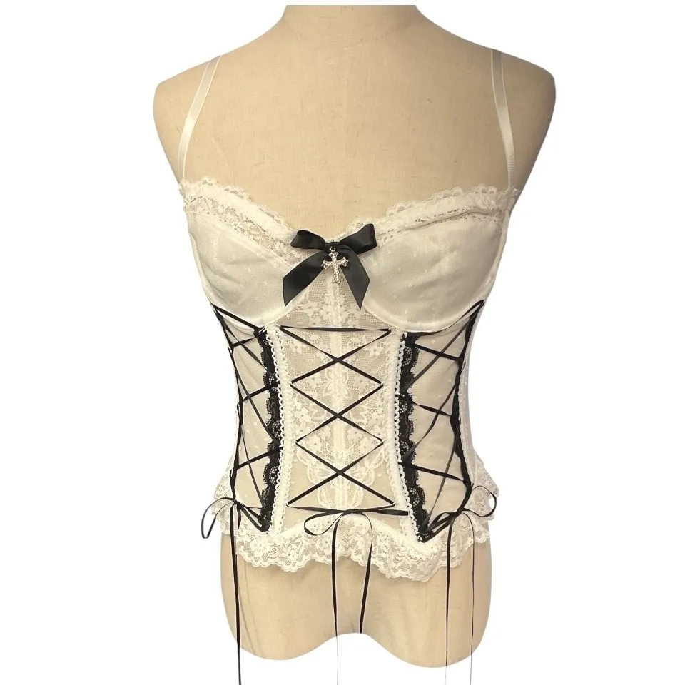 Women's Goth Sleeveless‎ Lace Up Cami Bow Lace Trim Punk Corset Top Sz L - Image 2