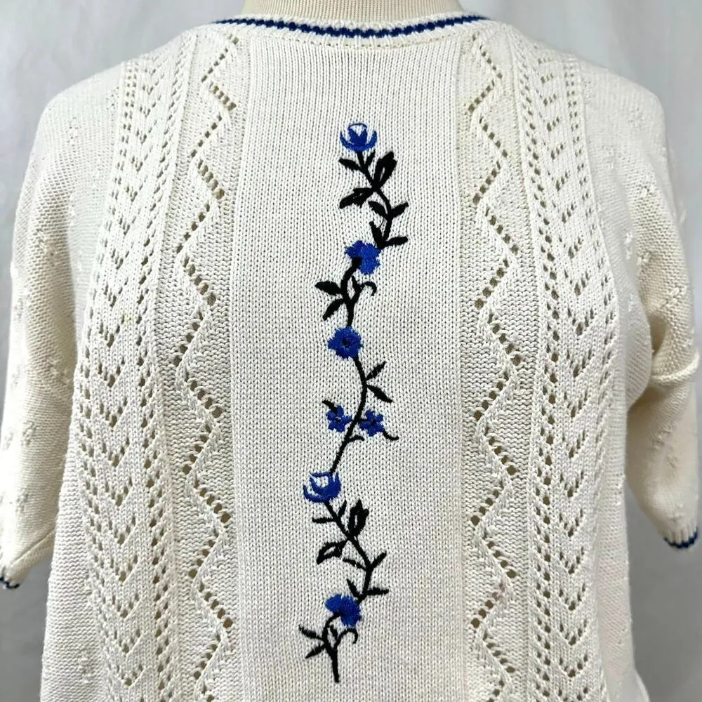 CAPE COD SPORTSWEAR 80s Vintage Cream Blue Floral Embroidered Knit Sweater Sz M Size M - Image 2
