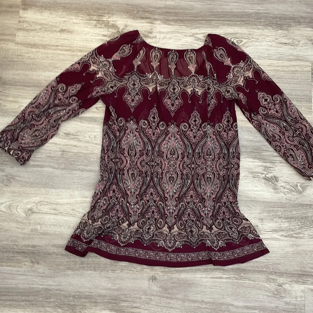 Wine Color Paisley Sheer Blouse Elastic 3/4 Sleeves & Low Elastic Waist M - Image 11