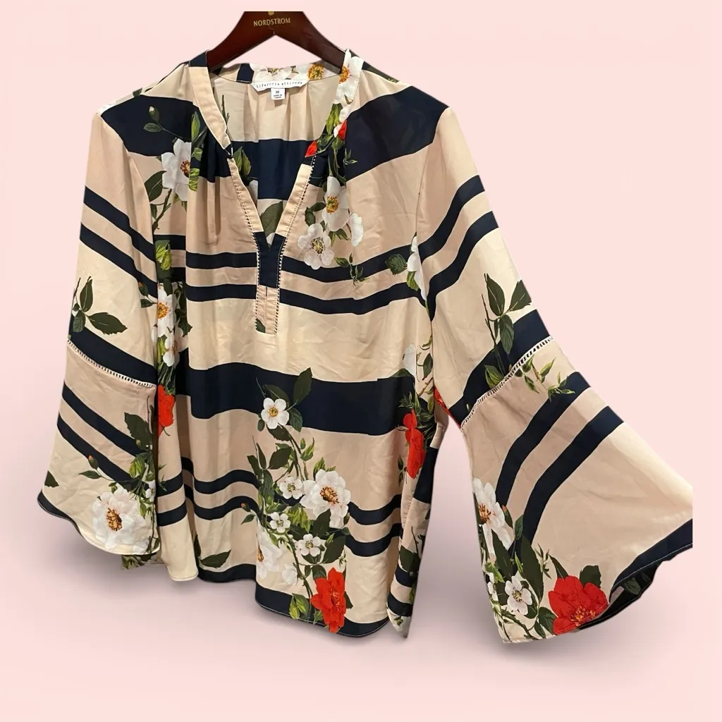 Cute petal pink navy stripe bell sleeve boho top plus 3x semi sheer floral - Image 2