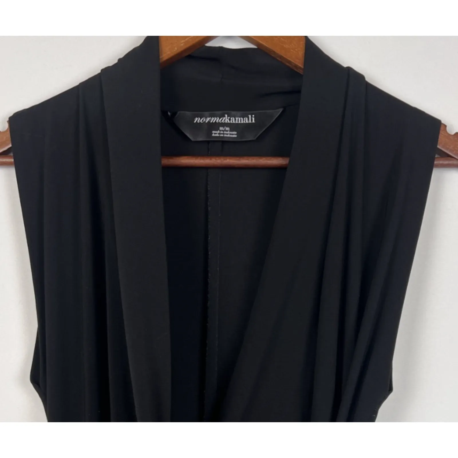 Norma Kamali Black Draped Surplice Midi Dress M Sleeveless Stretch Bodycon - Image 5