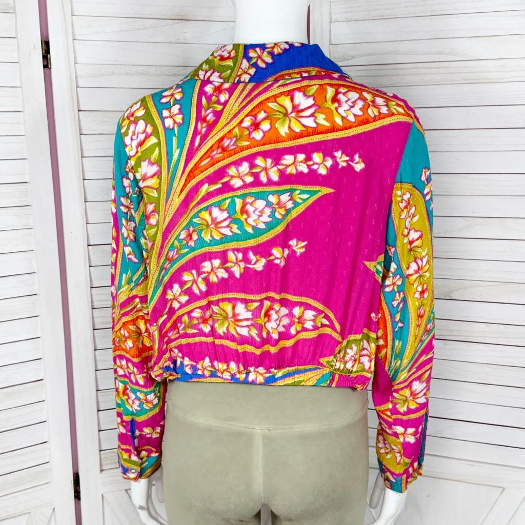 Haute Hippie Hawaiian Floral Faux Wrap Crop Long Sleeve‎ Blouse Pink Teal Small - Image 4