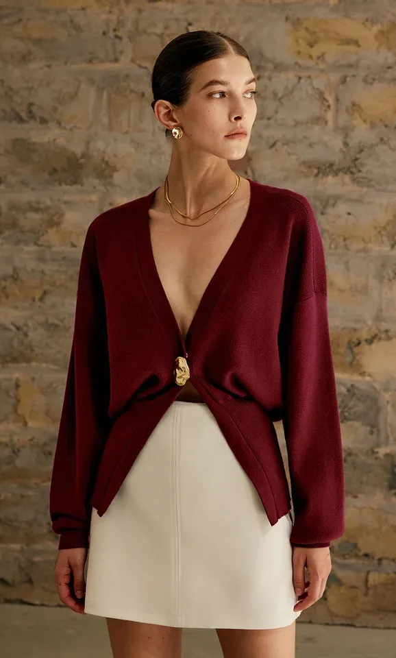 NWOT Commense Knitted Long Lantern Sleeve Single Golden Button Plain Cardigan L Red Size L - Image 1