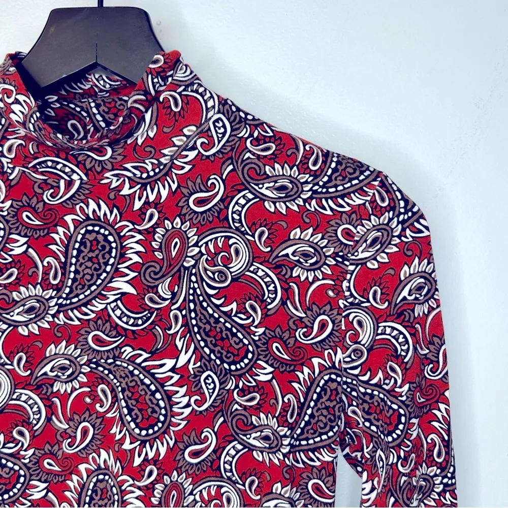 St. John Rust Paisley Mockneck Turtleneck Blouse Size P - Image 4