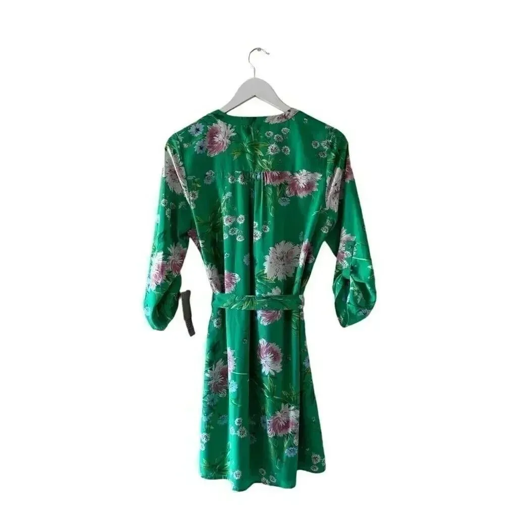 Anthropologie Daniel Rain Green Floral Print 3/4 Sleeve Tie Dress SZ M #2194 - Image 6