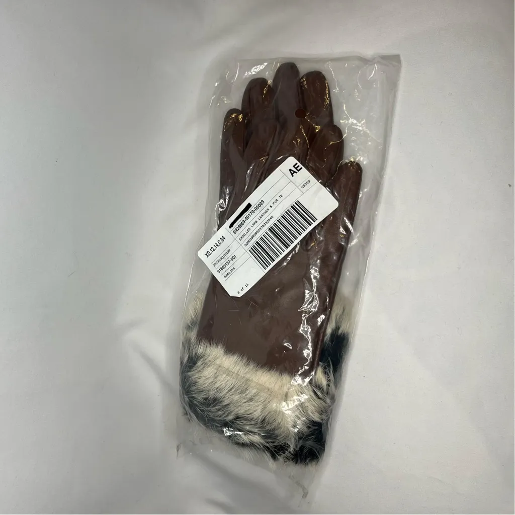 Excelled Brown Lamb Leather Cashmere Lined Gloves with Rabbit Fur Trim Size L - Image 6