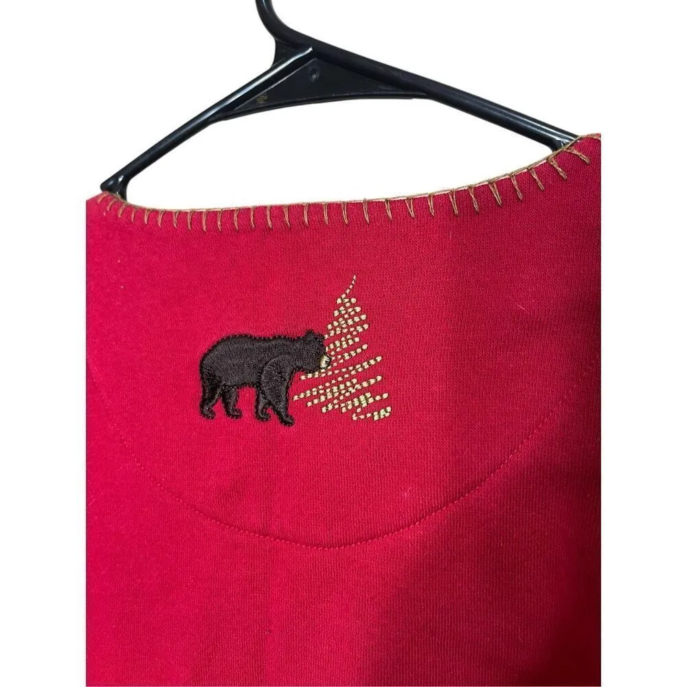 Breckenridge Sweater Cardigan Red Brown Bear Embroidered Gold Stitch Trim M - Image 7