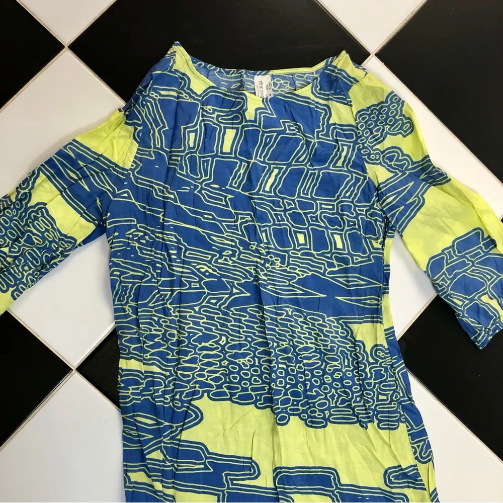 Swirly Abstract Mini Dress Lime Yellow Green Blue Dress Unique AOP sz M - Image 2