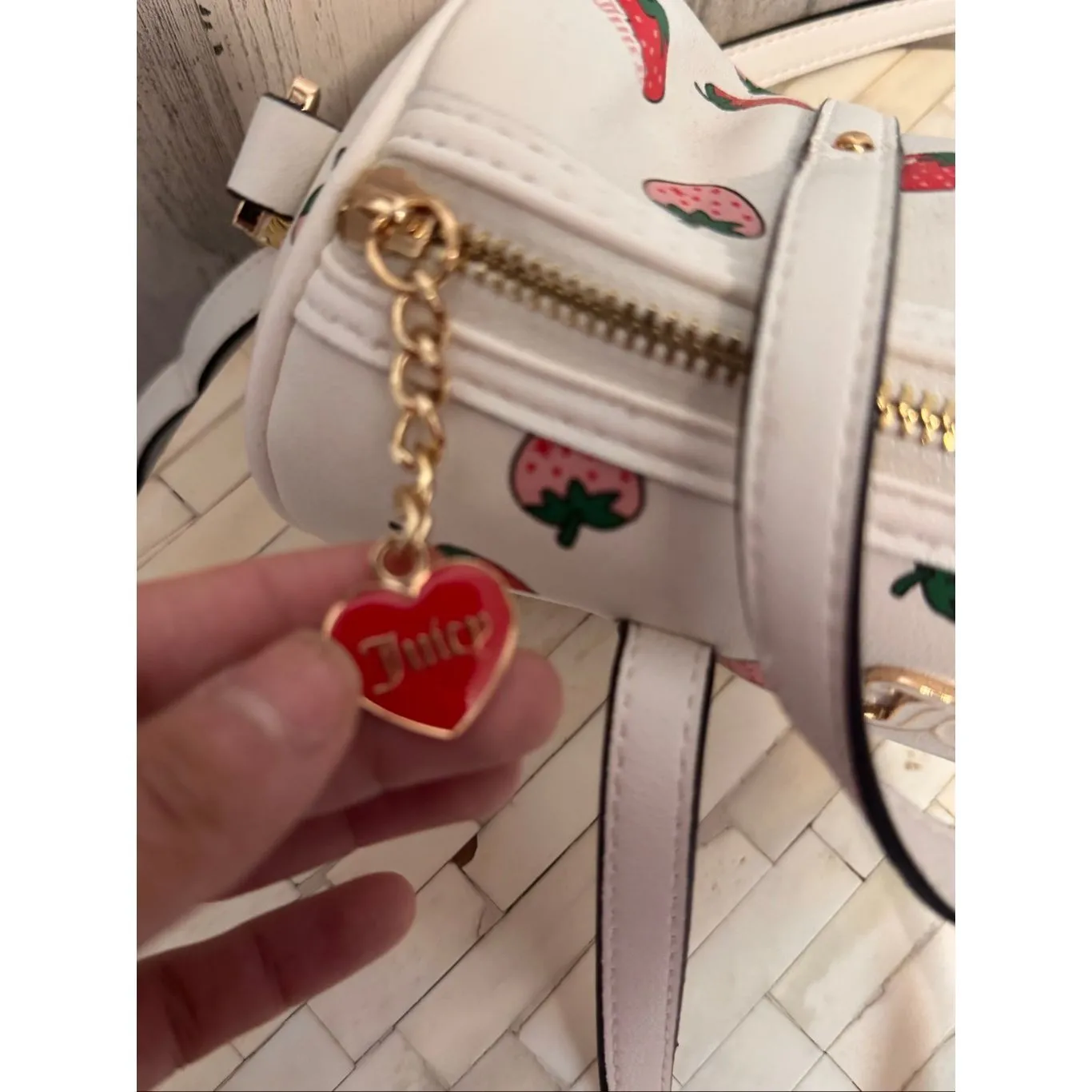 Juicy Couture Strawberry Print Barrel Purse with Coin Pouch | White Pink Red Cro - Image 8
