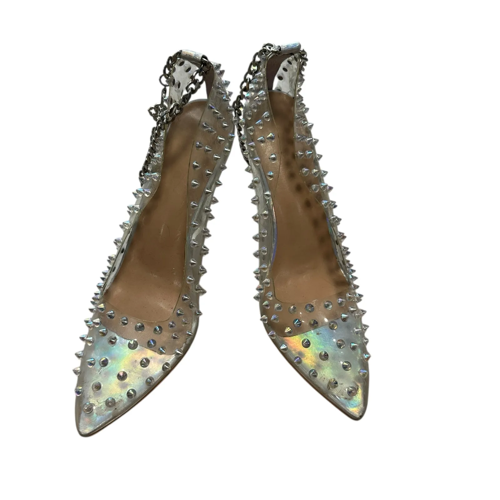 Vintage Y2K Clear Spiked Pumps Stiletto Heels Ankle Chain Pointed Toe 8.5 Glam - Image 4