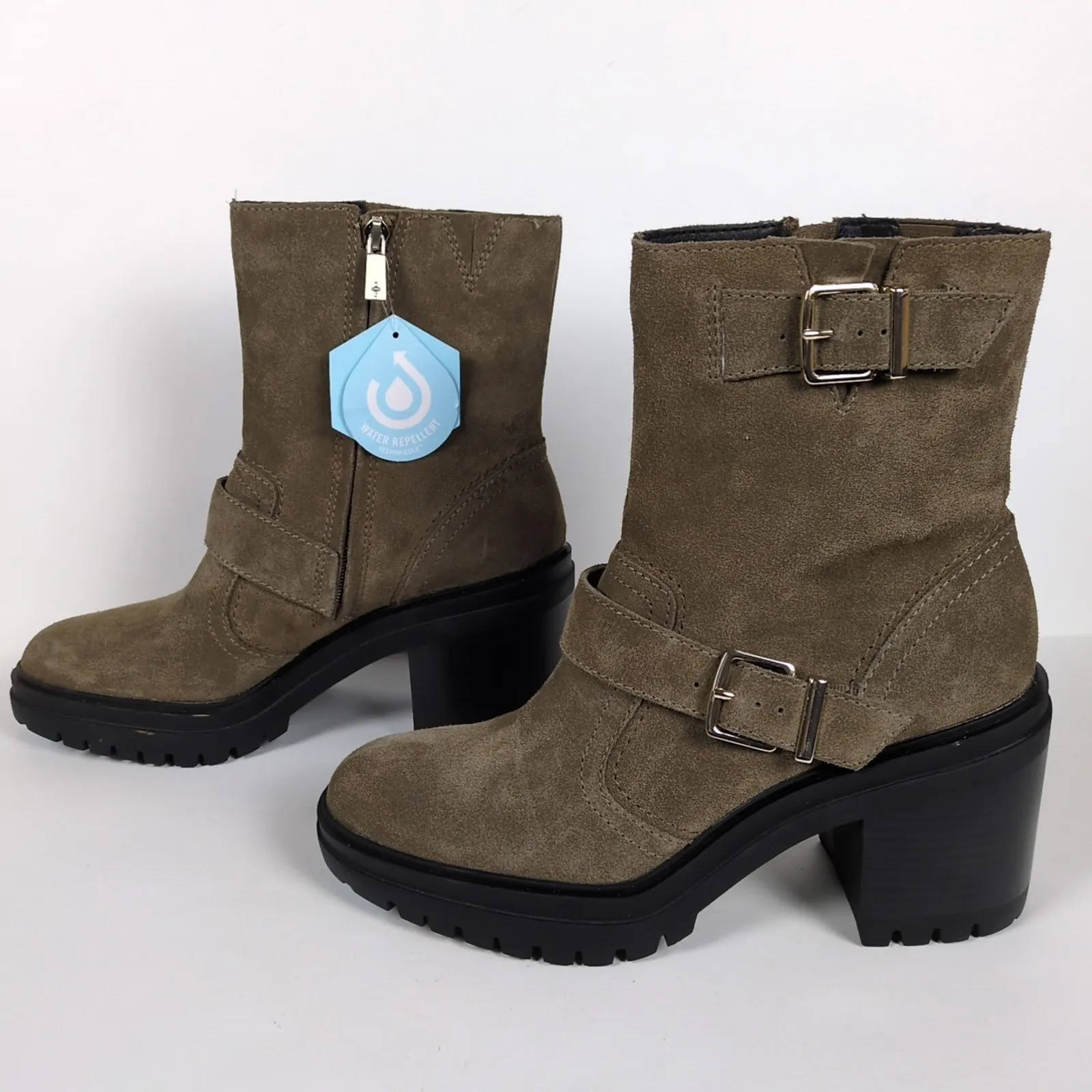 KENNETH COLE Rhode Heeled Boot Taupe Suede Leather Buckle Polar Grip Women's 10 - Image 5