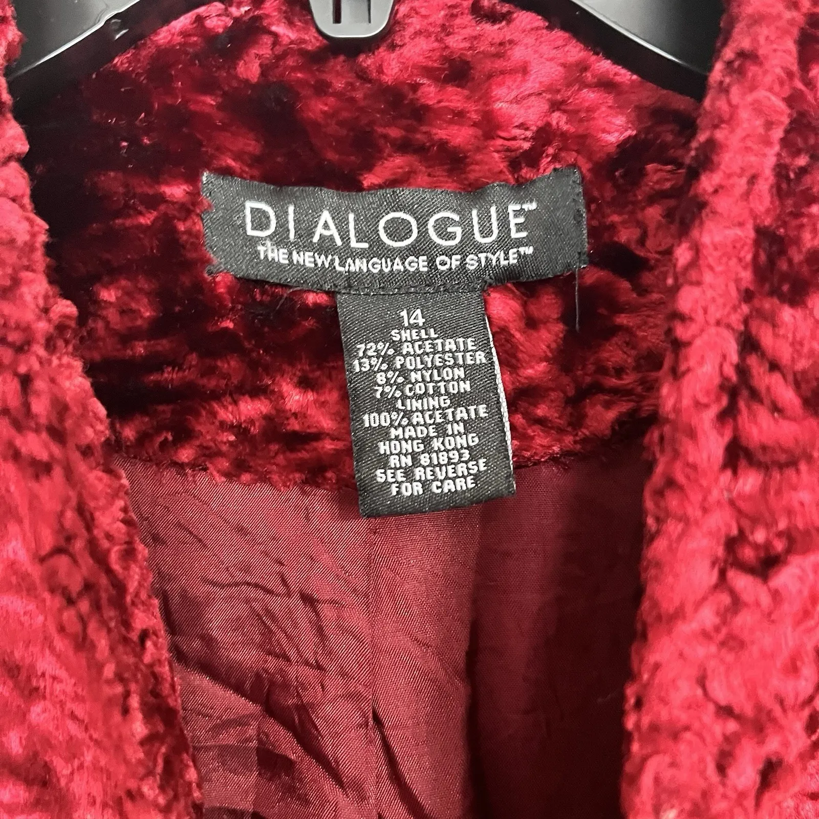 Dialogue Women's Crushed Velvet Bright Red Zip Up Jacket Size 14 Cuffed Sleeves - Image 2