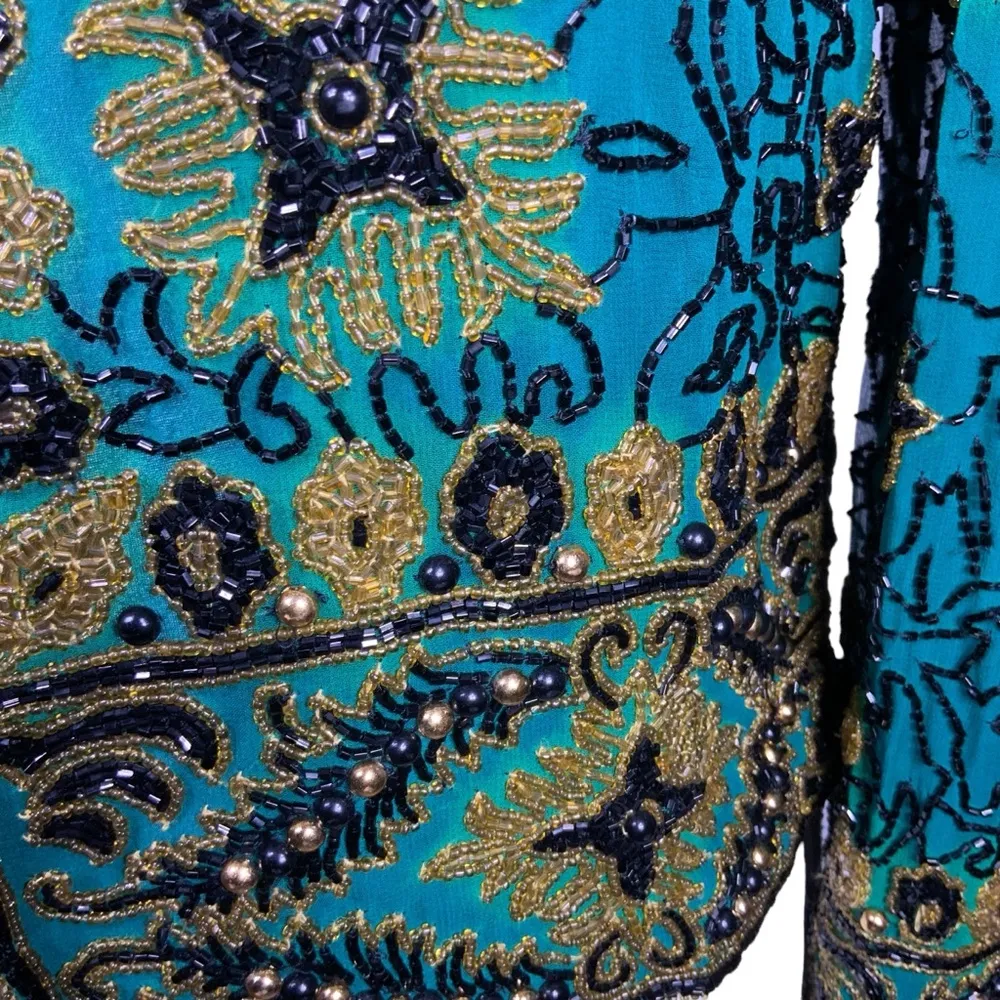 Vintage Silk Adrianna Papell Evening Dinner Jacket Beaded Turquoise Teal SM - Image 6
