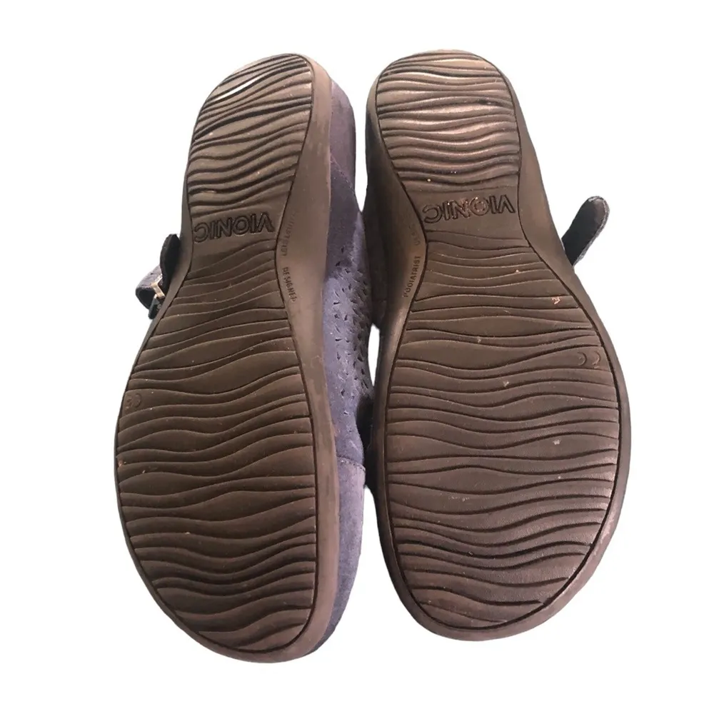 Lydia Laser Cut Mary Jane Slip On Slide Sz. 10 Navy Blue Suede Leather - Image 6