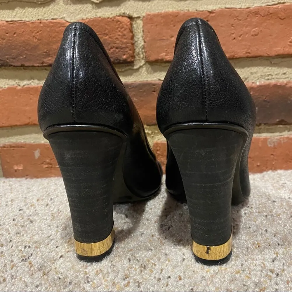 BCBGMaxazria Black Leather Block Heel Shoes sz 8.5 Gold Trim heel Peep Toe Shoes - Image 7