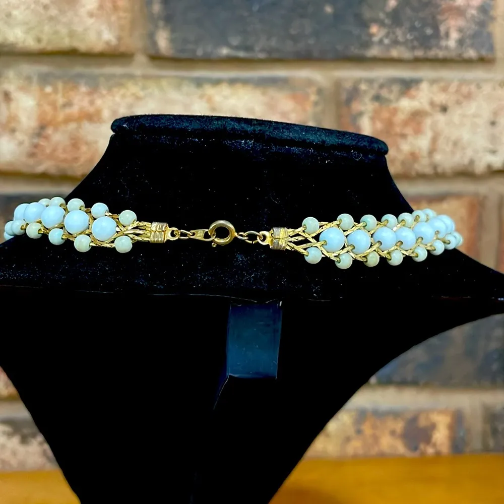 Korea Vintage 5 strand woven gold tone collar chain with white beads - Image 4