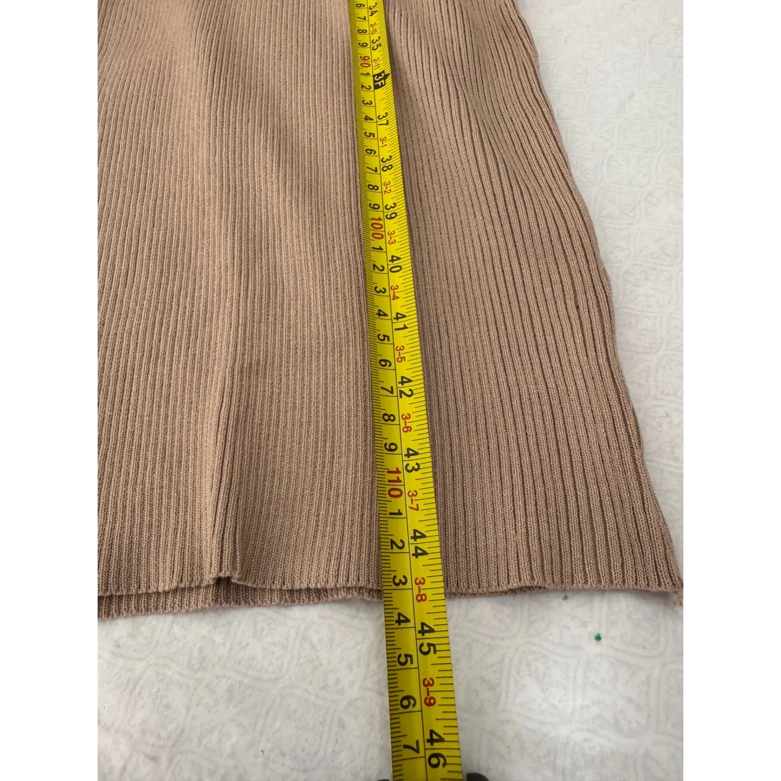 Ribbed Bodycon‎ Dress Crochet Trim Super stretchy Neutral Tan Knitwear size S/M - Image 6