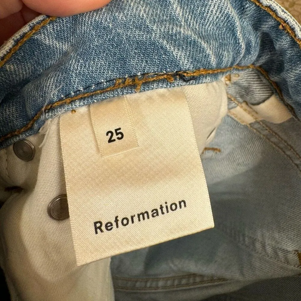 Reformation Light Blue Mid Rise Bermuda Light Distressed Shorts Size 25 NWT - Image 4